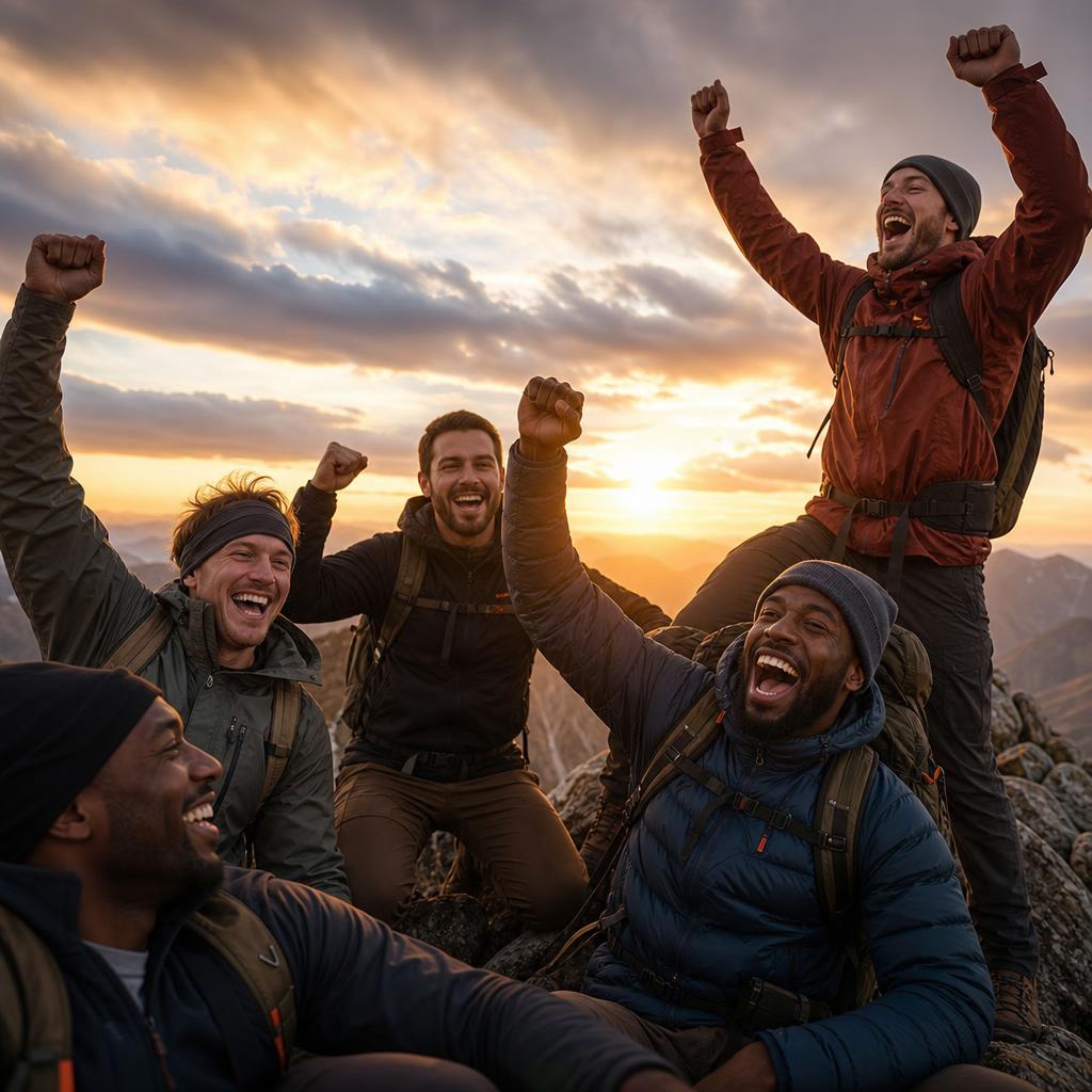 Men celebrating together on a mountain summit